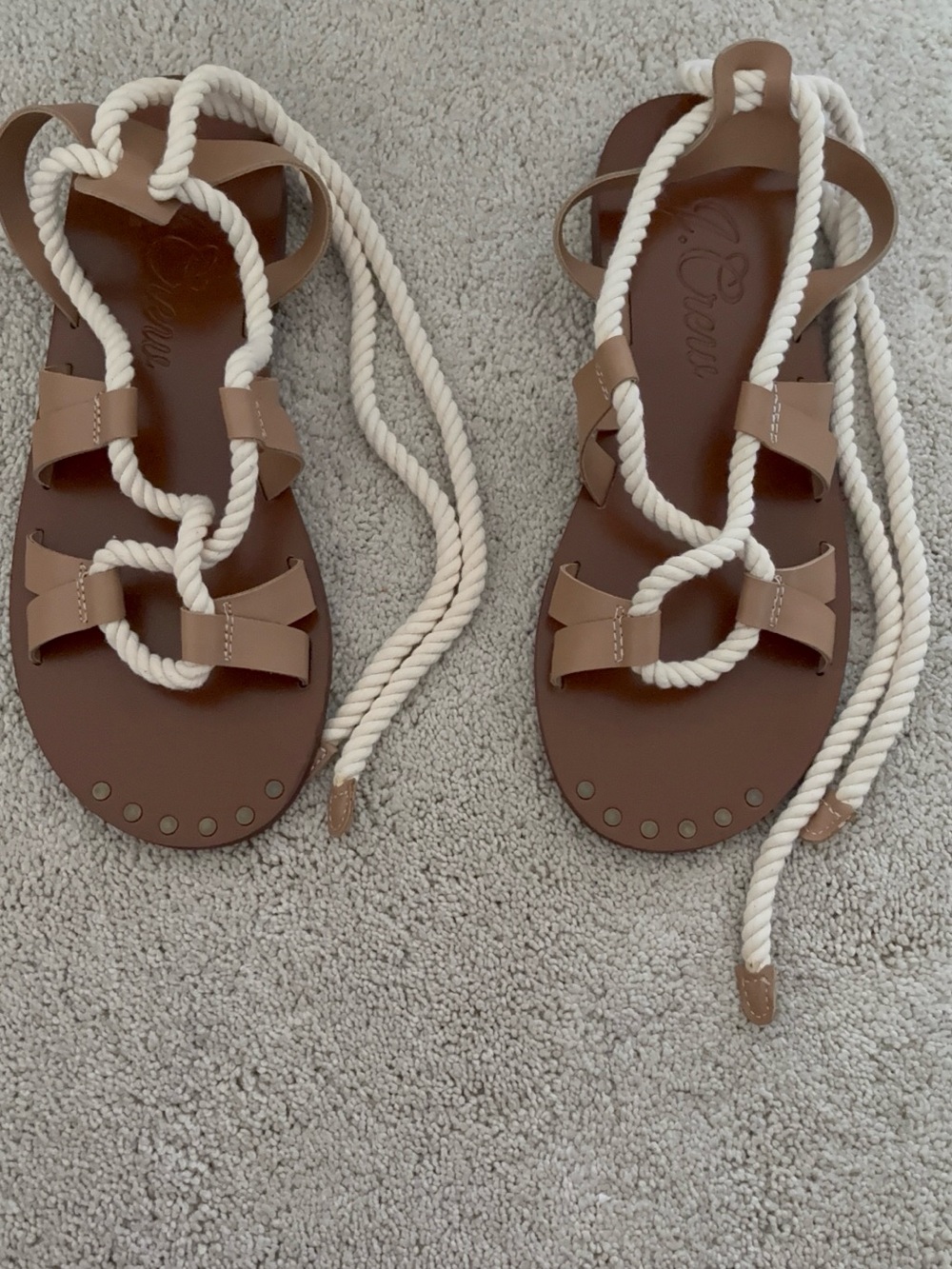 J. Crew Brown Leather Sandals with Cream Rope Laces Size 8